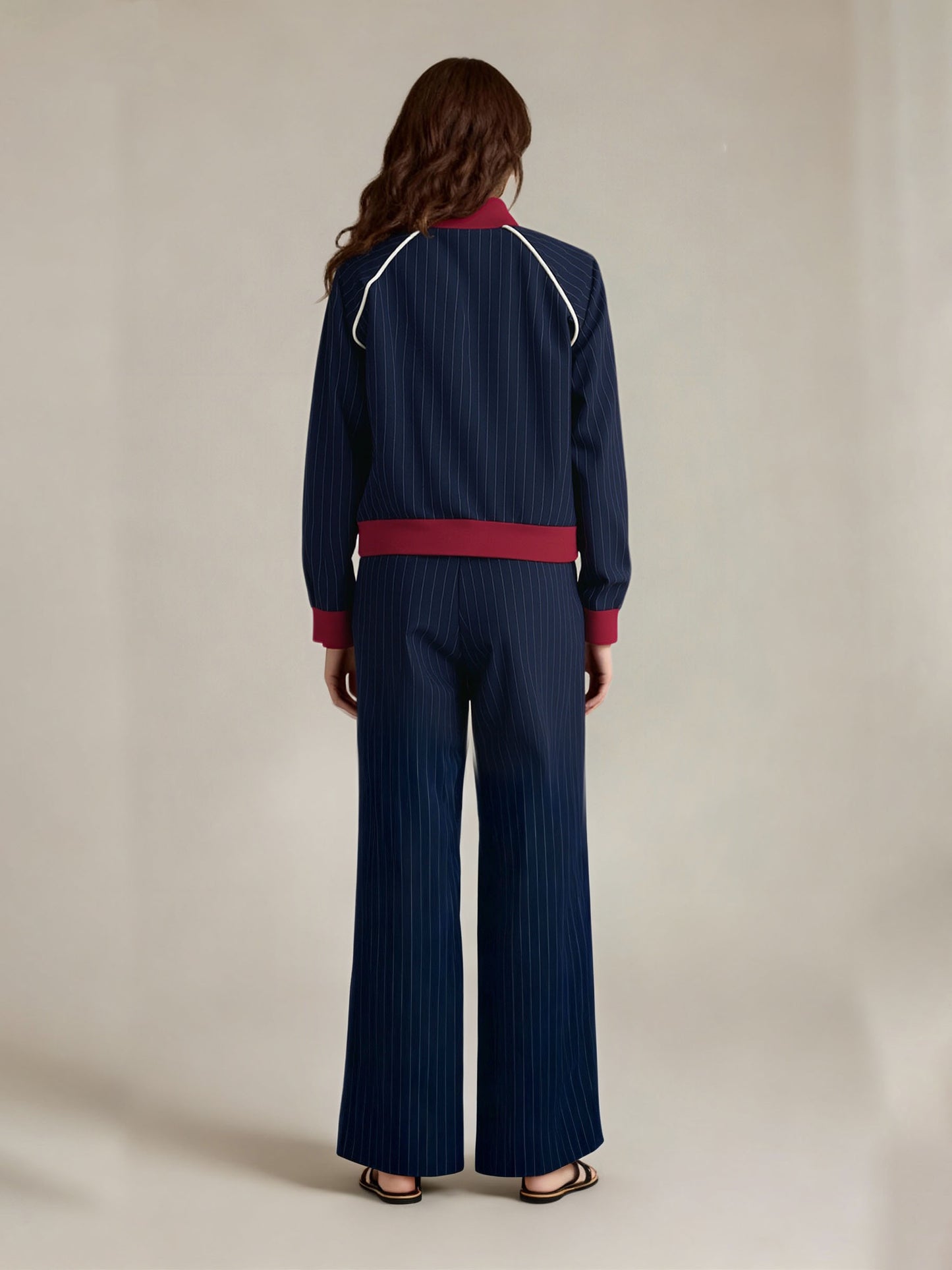 Women's Contrast Color Stand Collar Striped Tracksuit, Retro Navy Wide-leg Two-piece Set