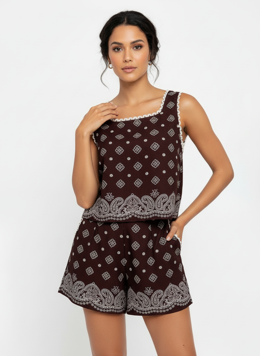 Women's Brown-based White Paisley Patterned Square Neck Sleeveless Cropped Top + Shorts Set, Retro-style Ethnic-style Slimming Two-piece Outfit