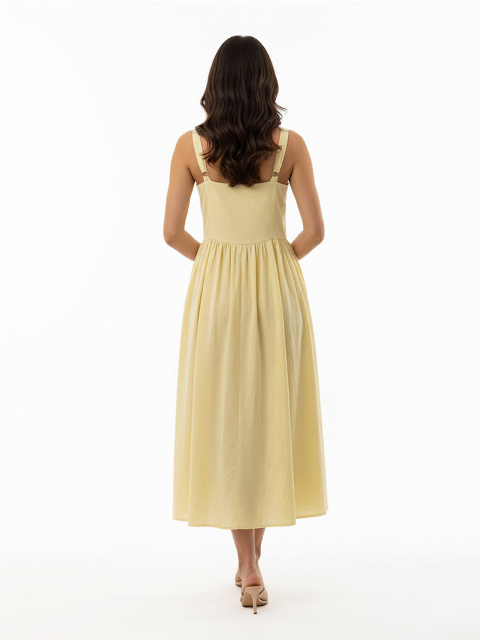 Women's Light Yellow Square Neck Single-breasted Camisole Maxi Dress, Retro-style Fresh Slimming A-line Dress