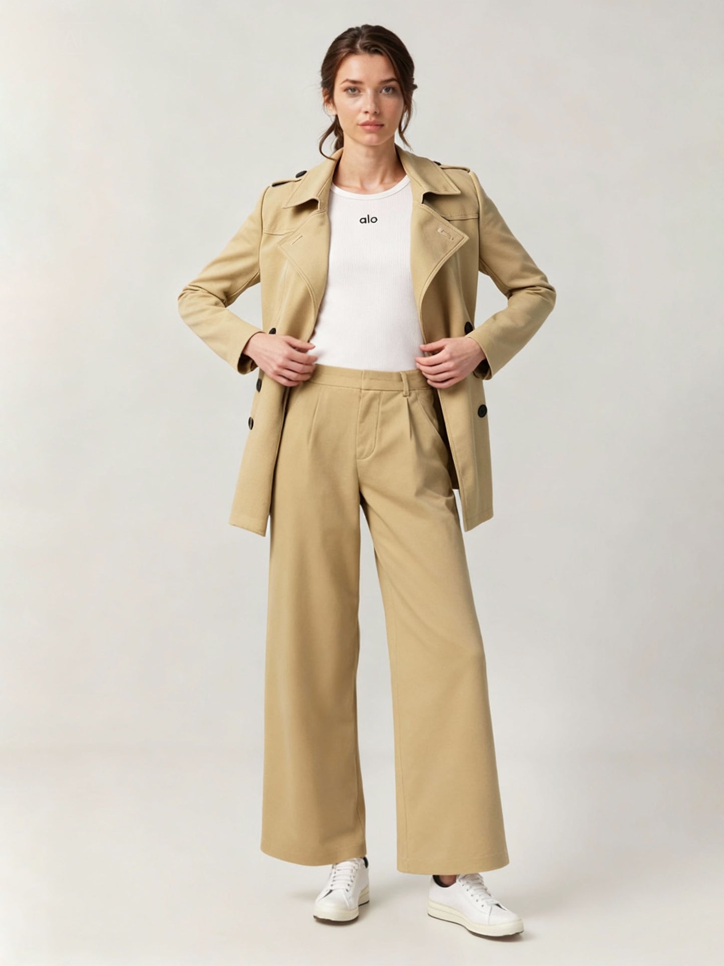 Women's Khaki Classic Trench Coat + Wide-Leg Pants Two-Piece Set