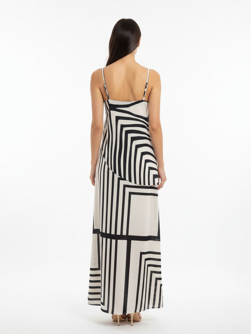 Women's Black and White Geometric Patterned Camisole Cropped Top + Black and White Geometric Patterned Maxi Skirt Set, Retro-style Minimalist Slimming Two-piece Outfit