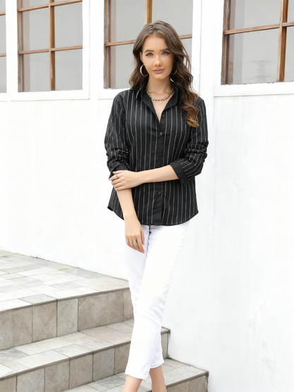 Women's Black Silver Striped Long-sleeve Shirt, Office-style Minimalist Slimming Versatile Top