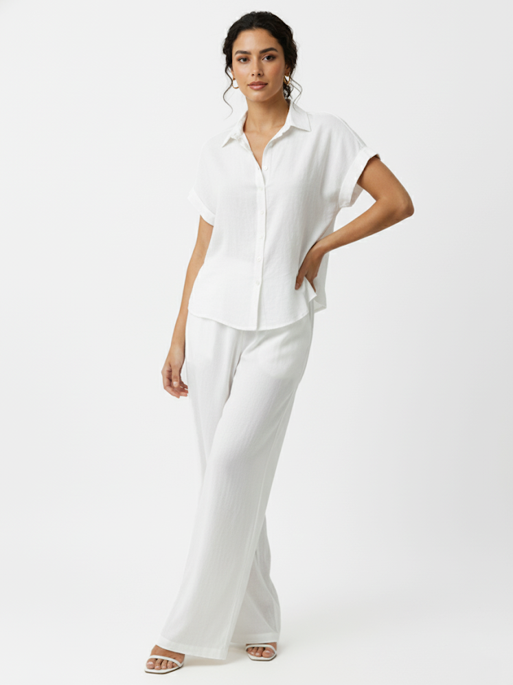 Women's White Collared Short-sleeve Cropped Top + White Wide-leg Pants Set, Retro-style Minimalist Slimming Two-piece Outfit