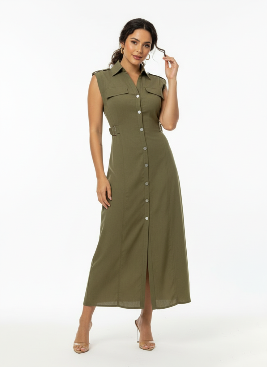 Women's Army Green Collared Sleeveless Single-breasted Waist-defined Maxi Dress, Retro-style Smart Slimming Shirt Dress
