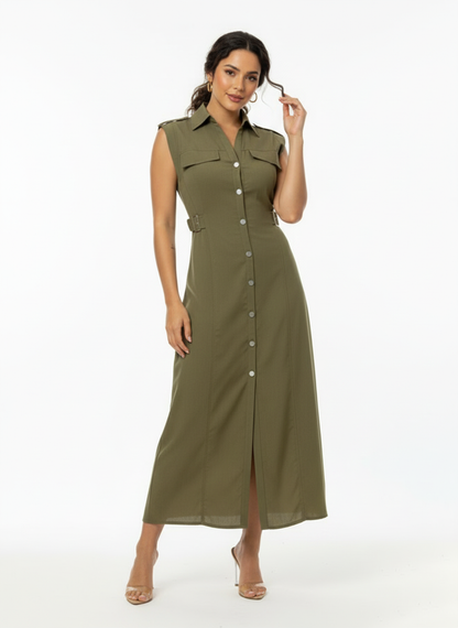 Women's Army Green Collared Sleeveless Single-breasted Waist-defined Maxi Dress, Retro-style Smart Slimming Shirt Dress