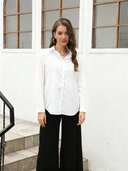 Women's White Small Polka Dot Loose Shirt + Black Wide-leg Pants Set, Office-style Minimalist Versatile Two-piece Outfit