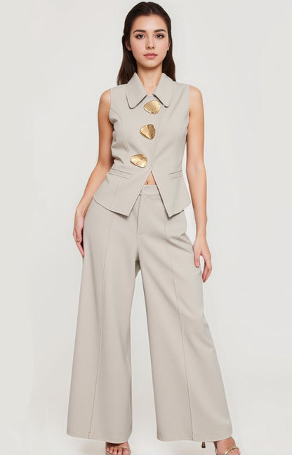 Women's Beige Irregular Metal-Button Sleeveless Vest + Wide-Leg Pants Two-Piece Set