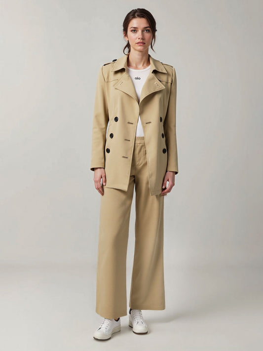 Women's Khaki Classic Trench Coat + Wide-Leg Pants Two-Piece Set