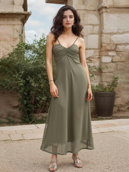 Women's Olive Green Pleated Camisole Maxi Dress, Retro-style Elegant Slimming Gown