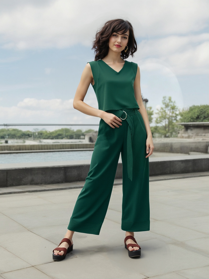 Women's Dark Green V-neck Sleeveless Top + Wide-leg Pants Set, Retro-style Fashionable Slimming Two-piece Outfit