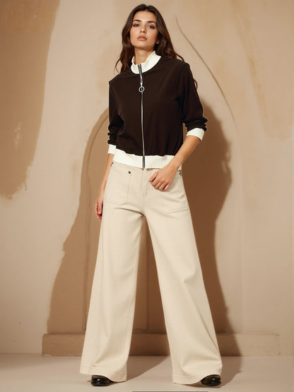 Women's Black-brown Contrast Zipper Cropped Jacket + Beige Wide-leg Pants Set, Retro-style Fashionable Slimming Two-piece Outfit