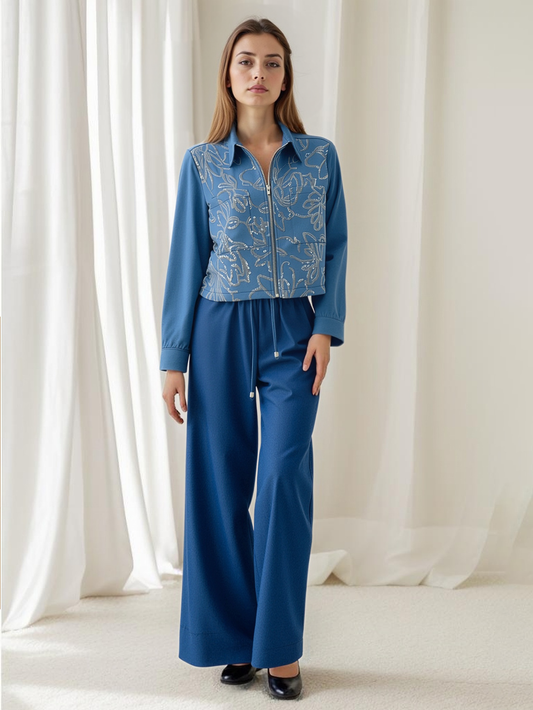 Women's Blue Printed Cropped Jacket + Wide-leg Pants Set, Retro-style Elegant Slimming Two-piece Outfit