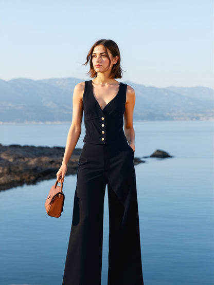 Women's Black Deep V Sleeveless Metallic Button Jumpsuit, Holiday-style Retro Slimming Wide-leg Jumpsuit