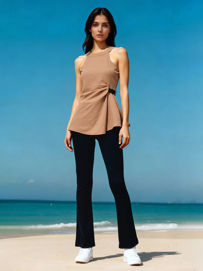 Women's Khaki Sleeveless Side-button Asymmetric Top + Black Flared Pants Set, Holiday-style Casual Slimming Two-piece Outfit