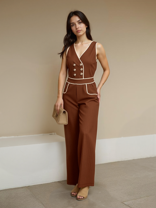 "Women's Brown Contrast-trimmed Double-breasted Wide-leg Jumpsuit, Retro-style Elegant Slimming Onesie "