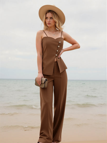 Women's Brown Metallic Button Camisole Cropped Top + Wide-leg Pants Set, Holiday-style Retro Slimming Two-piece Outfit