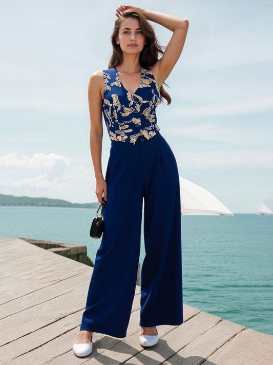 Women's Navy Beige-gold Printed V-neck Wide-leg Jumpsuit, Holiday-style Retro Slimming Onesie