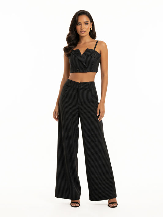 Women's Black Pinstripe Camisole Cropped Top + Black Pinstripe Wide-leg Pants Set, Retro-style Smart Slimming Two-piece Outfit