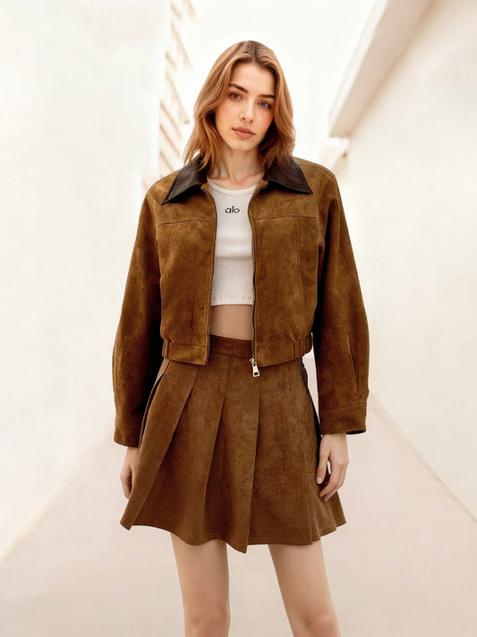 Women's Brown Suede-Like Color-Block Paneled Cropped Jacket + Pleated Skirt Two-Piece Set