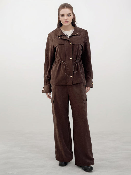 Women's Dark Brown Metal-Button Fitted-Waist Utility-Style Jacket + Wide-Leg Pants Two-Piece Set