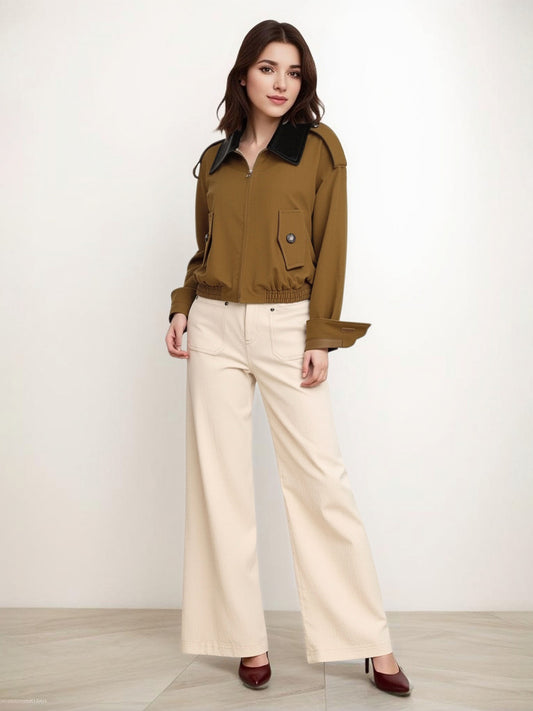 Women's Brown-Coffee Color-Block Paneled Cropped Utility-Style Jacket + Beige Wide-Leg Pants Two-Piece Set