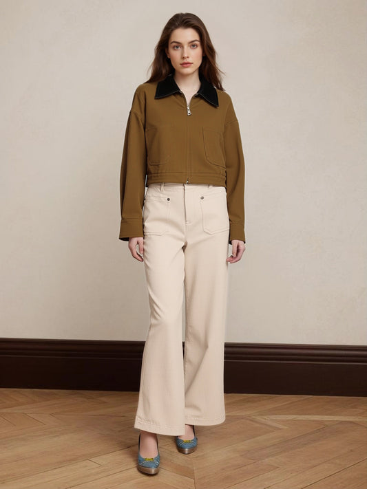 Women's Brown-Coffee Color-Block Paneled Cropped Utility-Style Jacket + Beige Wide-Leg Pants Two-Piece Set