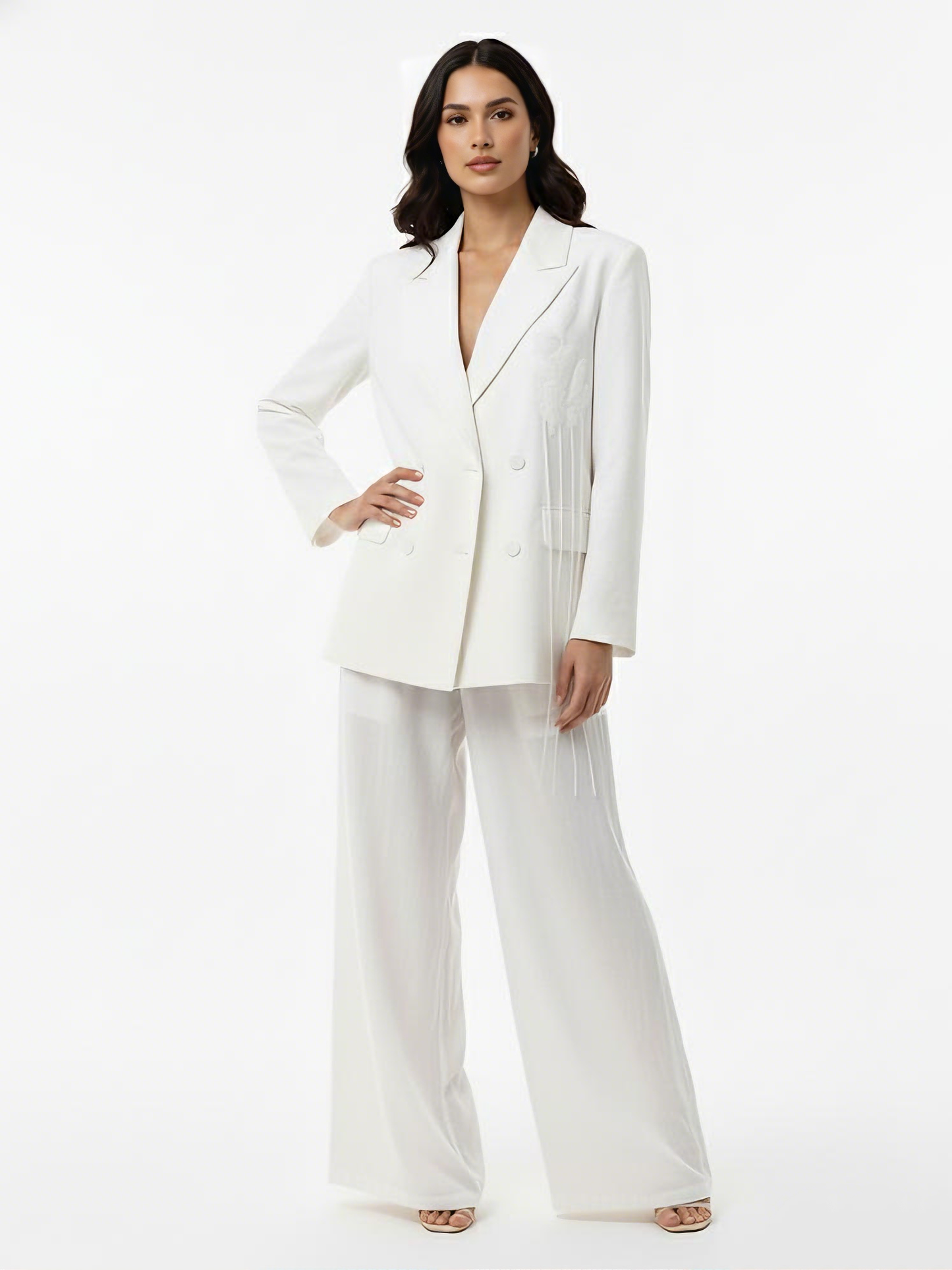 Women's White Double-breasted Tassel-embellished Blazer + White Wide-leg Pants Set, Retro-style Smart Slimming Two-piece Outfit