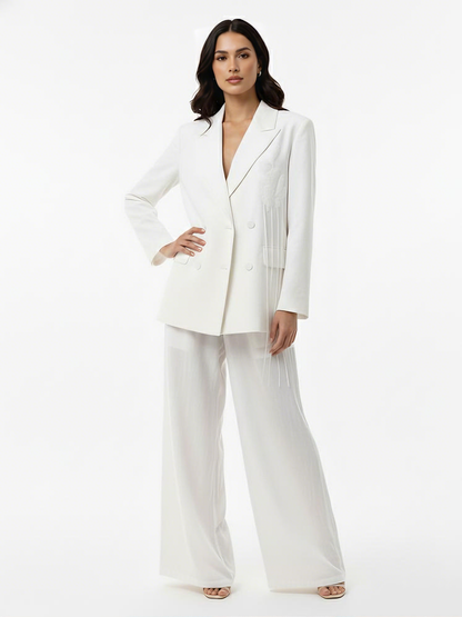 Women's White Double-breasted Tassel-embellished Blazer + White Wide-leg Pants Set, Retro-style Smart Slimming Two-piece Outfit