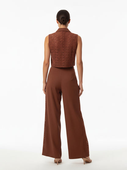 Women's Brown Collared Sleeveless Cropped Top + Brown Hollow-out Wide-leg Pants Set, Retro-style Smart Slimming Two-piece Outfit