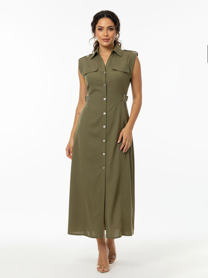 Women's Army Green Collared Sleeveless Single-breasted Waist-defined Maxi Dress, Retro-style Smart Slimming Shirt Dress