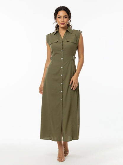 Women's Army Green Collared Sleeveless Single-breasted Waist-defined Maxi Dress, Retro-style Smart Slimming Shirt Dress