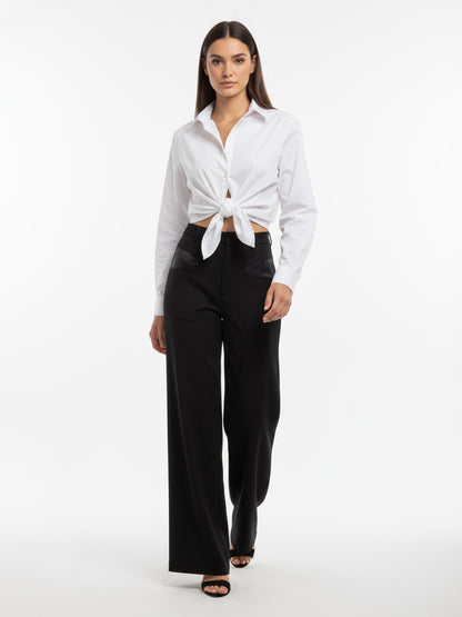 Women's White Collared Long-sleeve Tie-up Cropped Top + Black Wide-leg Pants Set, Retro-style Minimalist Slimming Two-piece Outfit