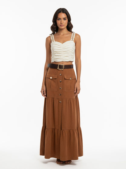 Women's Beige Ruched Camisole Cropped Top + Brown Buttoned Ruffled Maxi Skirt Set, Retro-style Sweet Slimming Two-piece Outfit