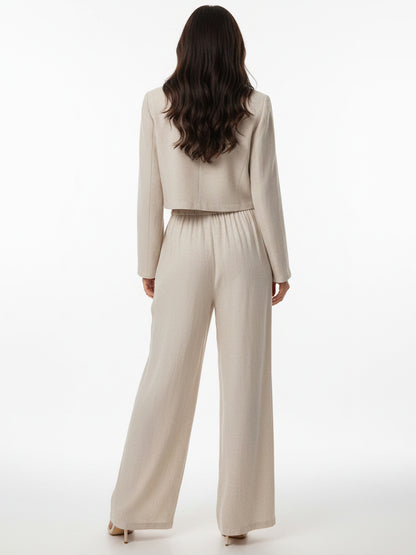 Women's Beige Plant Embroidered V-neck Cropped Top + Beige Wide-leg Pants Set, Retro-style Sweet Slimming Two-piece Outfit