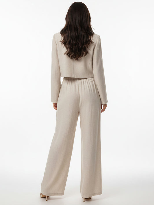 Women's Beige Plant Embroidered V-neck Cropped Top + Beige Wide-leg Pants Set, Retro-style Sweet Slimming Two-piece Outfit