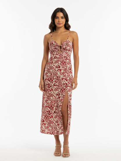 Women's Burgundy Patterned Camisole Hollow-out Slit Maxi Dress, Retro-style Elegant Slimming Dress