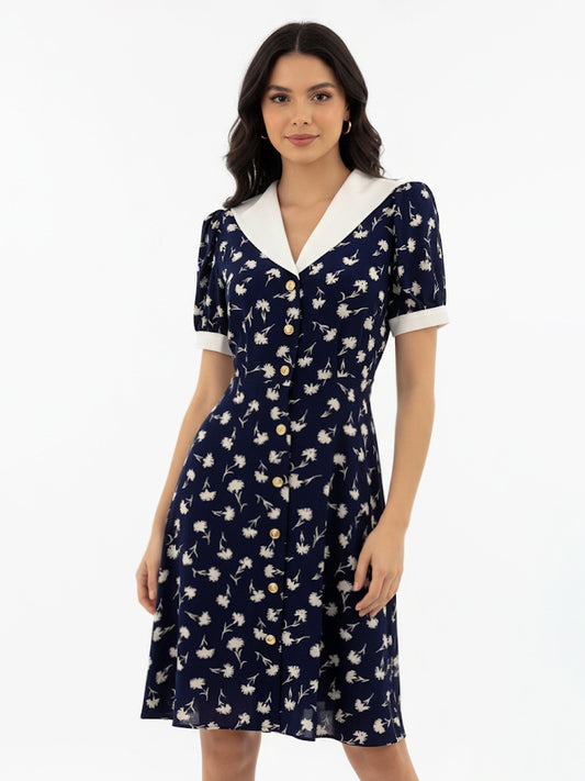 Women's Dark Blue Floral Printed Contrast Collar Short-sleeve Waist-defined Dress, Retro-style Sweet Slimming Dress