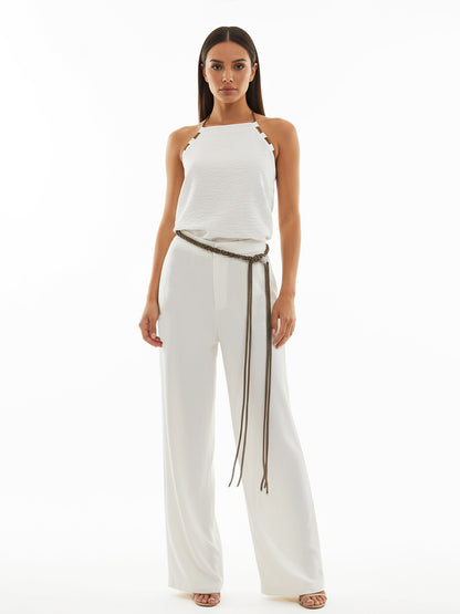 Women's White Halter Tie-up Cropped Top + White Wide-leg Pants Set, Retro-style Minimalist Slimming Two-piece Outfit