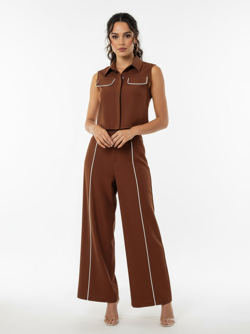 Women's Brown Collared Sleeveless Contrast Cropped Top + Brown Contrast Wide-leg Pants Set, Retro-style Minimalist Slimming Two-piece Outfit