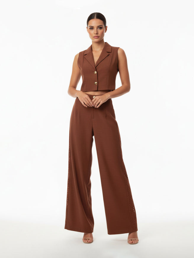 Women's Brown Collared Sleeveless Cropped Top + Brown Hollow-out Wide-leg Pants Set, Retro-style Smart Slimming Two-piece Outfit