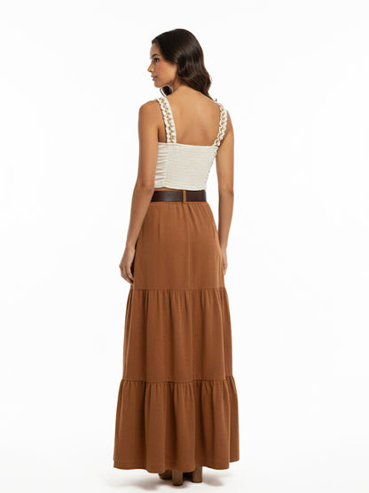 Women's Beige Ruched Camisole Cropped Top + Brown Buttoned Ruffled Maxi Skirt Set, Retro-style Sweet Slimming Two-piece Outfit