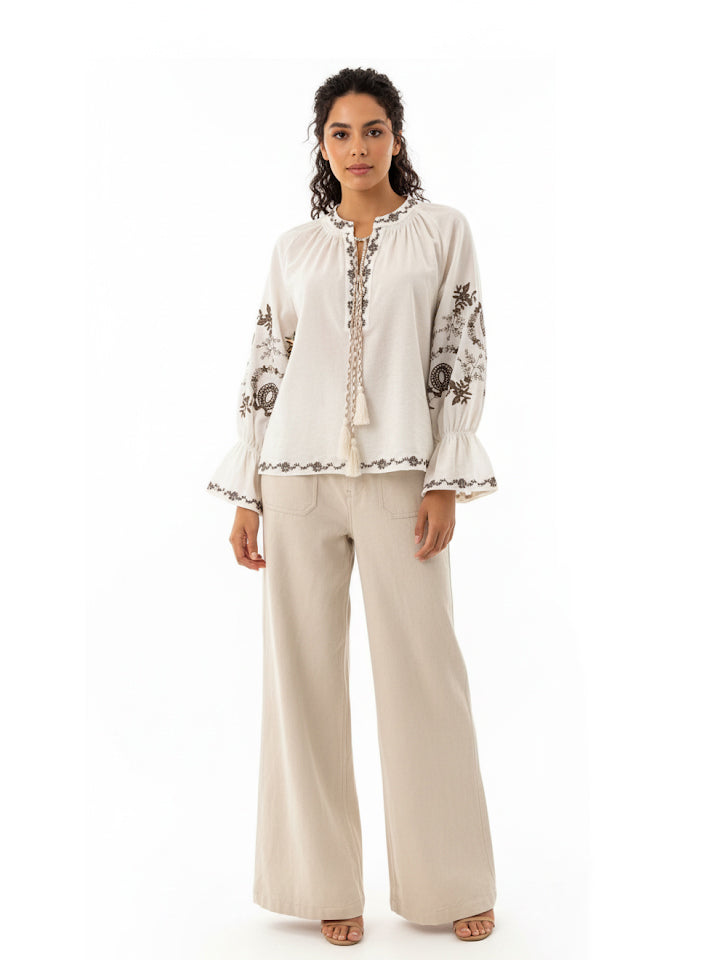 Women's Beige Ethnic Embroidered Tassel Bell-sleeve Top + Beige Wide-leg Pants Set, Retro-style Exotic Slimming Two-piece Outfit