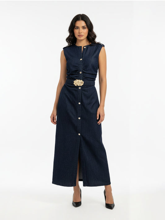 Women's Dark Blue Single-breasted Waist-defined Slit Sleeveless Denim Maxi Dress, Retro-style Smart Slimming Dress