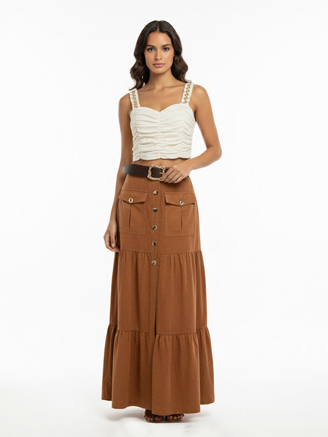 Women's Beige Ruched Camisole Cropped Top + Brown Buttoned Ruffled Maxi Skirt Set, Retro-style Sweet Slimming Two-piece Outfit