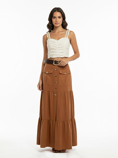 Women's Beige Ruched Camisole Cropped Top + Brown Buttoned Ruffled Maxi Skirt Set, Retro-style Sweet Slimming Two-piece Outfit