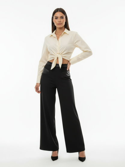 "Women's Beige Collared Long-sleeve Tie-up Cropped Top + Black Wide-leg Pants Set, Retro-style Minimalist Slimming Two-piece Outfit "