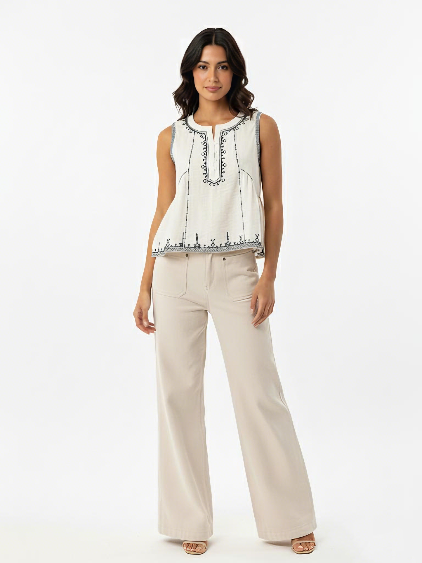 Women's Beige Ethnic Embroidered Sleeveless Cropped Top + Beige Wide-leg Pants Set, Retro-style Exotic Slimming Two-piece Outfit