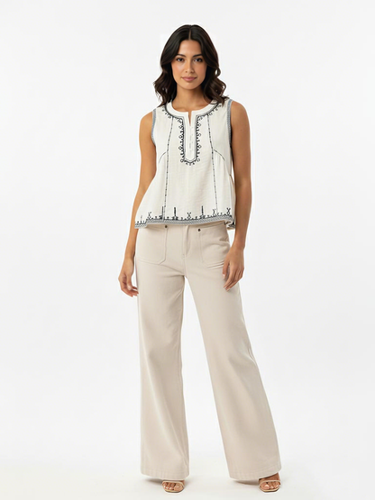 Women's Beige Ethnic Embroidered Sleeveless Cropped Top + Beige Wide-leg Pants Set, Retro-style Exotic Slimming Two-piece Outfit