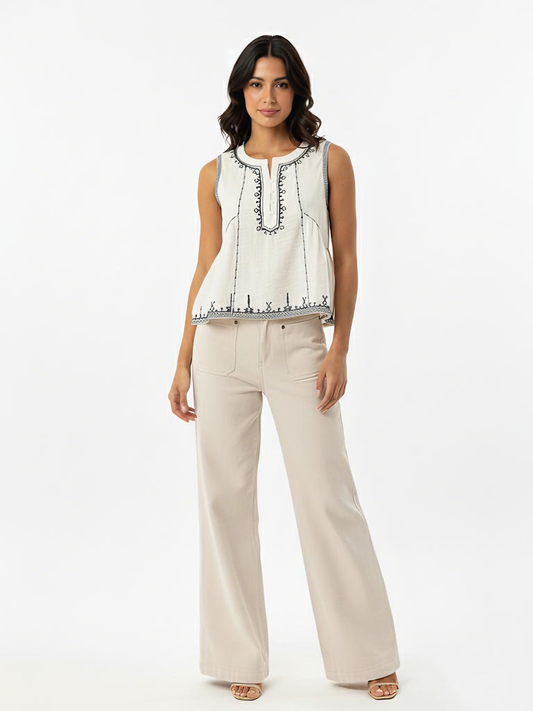 Women's Beige Ethnic Embroidered Sleeveless Cropped Top + Beige Wide-leg Pants Set, Retro-style Exotic Slimming Two-piece Outfit