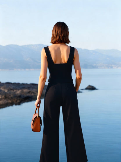 Women's Black Deep V Sleeveless Metallic Button Jumpsuit, Holiday-style Retro Slimming Wide-leg Jumpsuit
